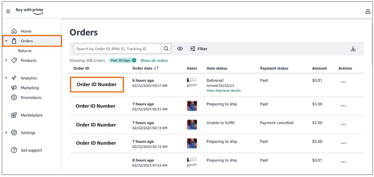 To see a comprehensive view of the fulfillment and service fee details for Buy with Prime orders, open the merchant console. On the side menu, choose Orders, and then copy the Order ID next to an item.