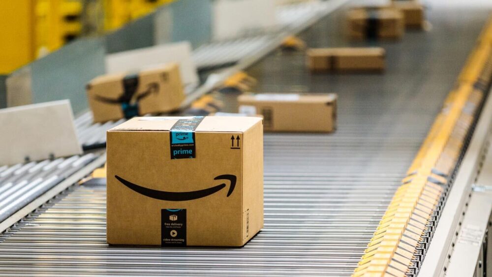 Amazon box in a fulfillment cetner