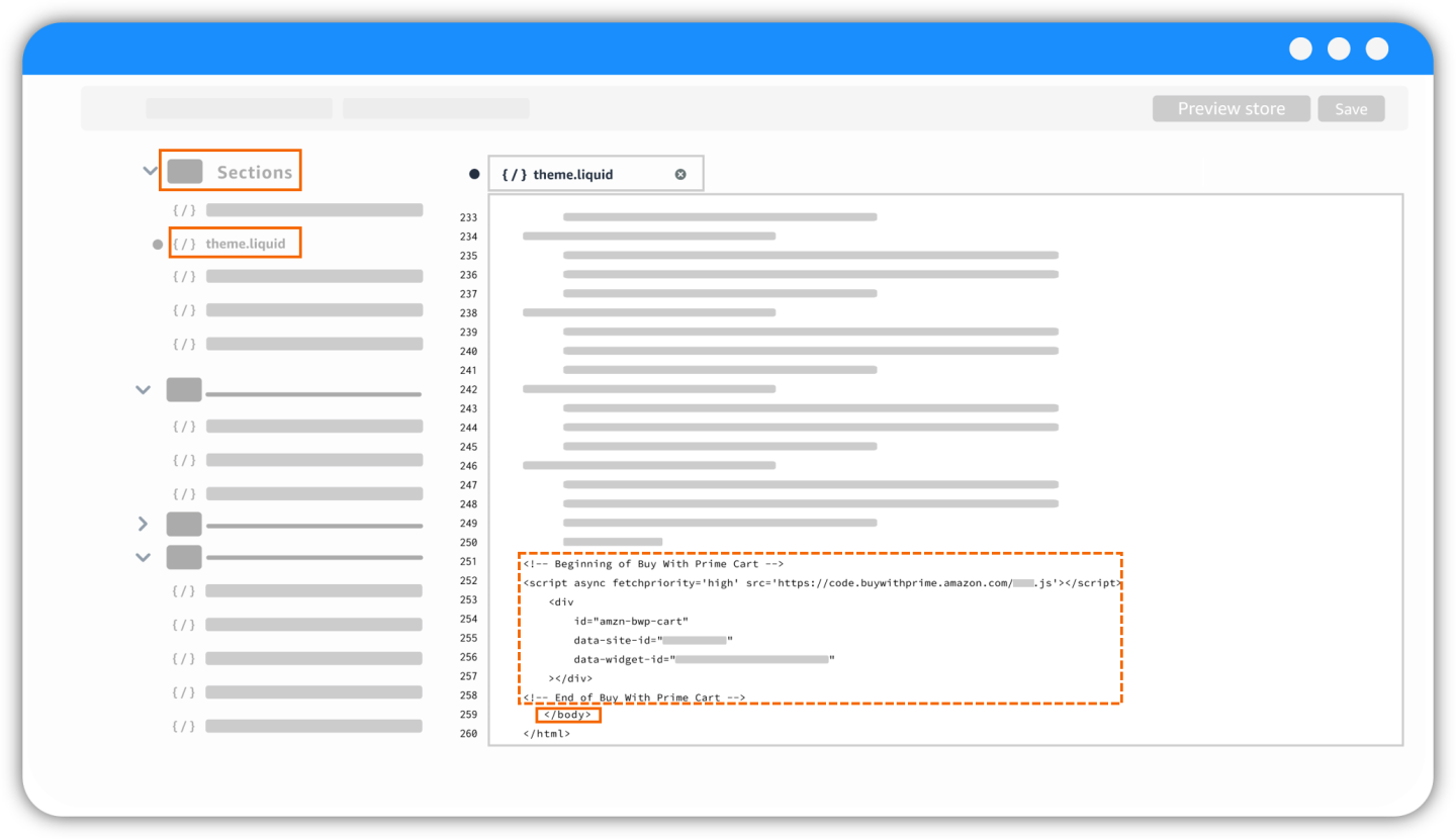 Illustration of the the theme.liquid file in Shopify where the Buy with Prime cart could be pasted.