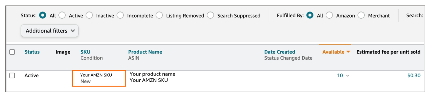 Screenshot of the Amazon SKU in Seller Central located in the SKU condition column.