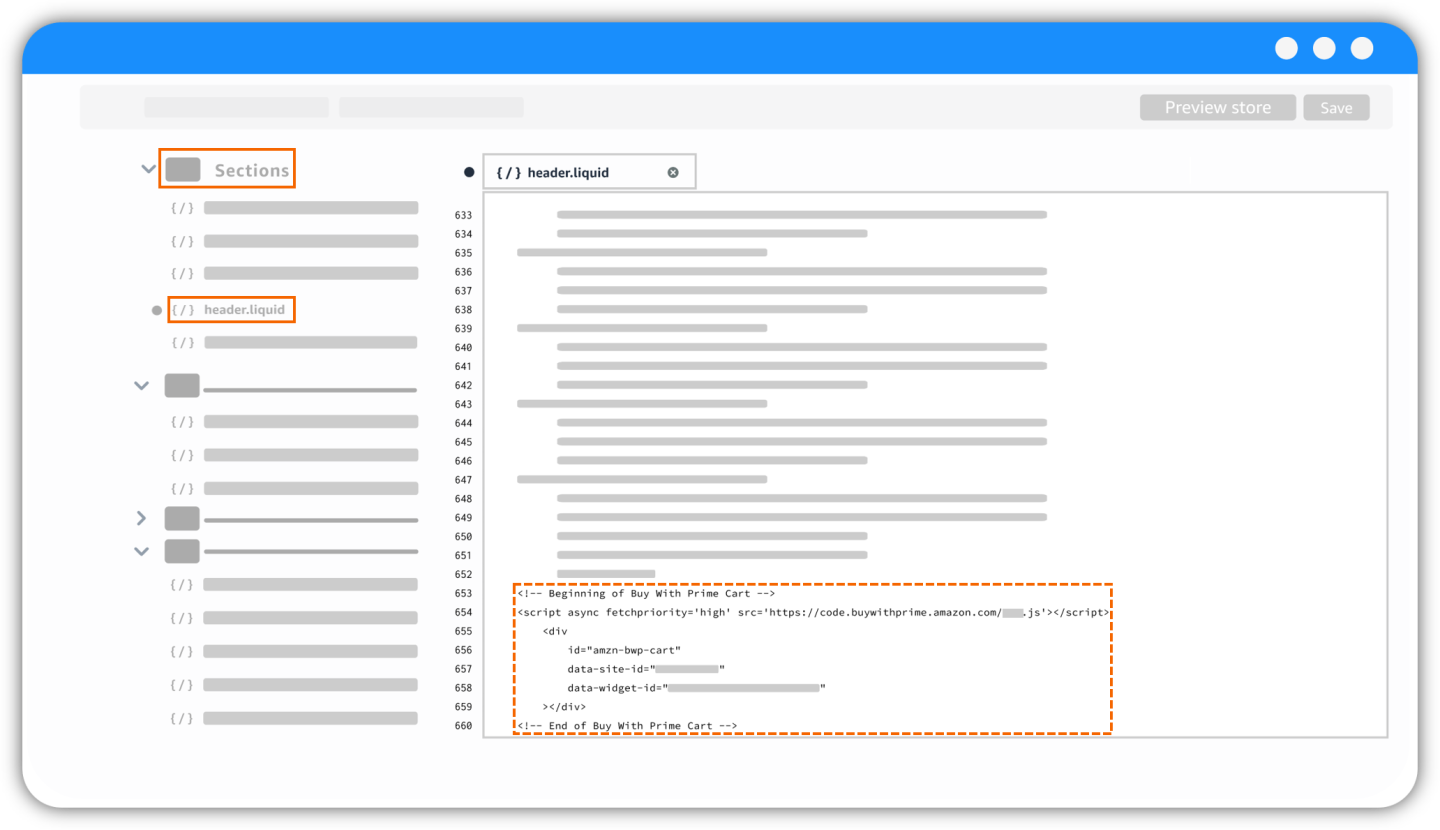 Illustration of the the header.liquid file in Shopify where the Buy with Prime cart could be pasted.