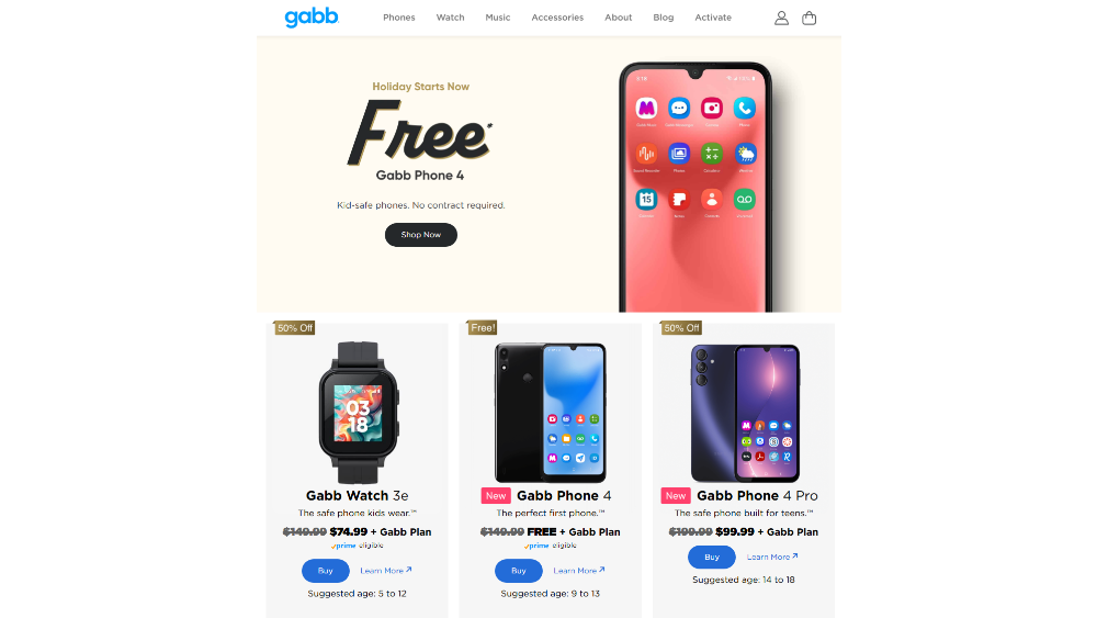 Gabb holiday collection featuring kid-safe devices: Watch 3e, Phone 4, and Phone 4 Pro with Buy with Prime.