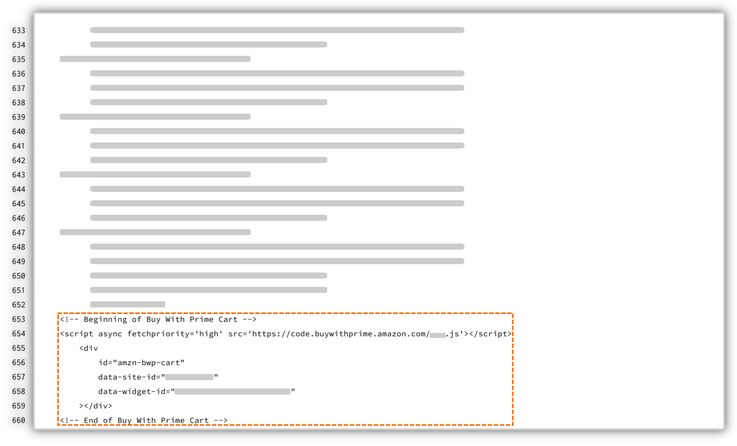 Illustration of the location where the Buy with Prime cart must be pasted.
