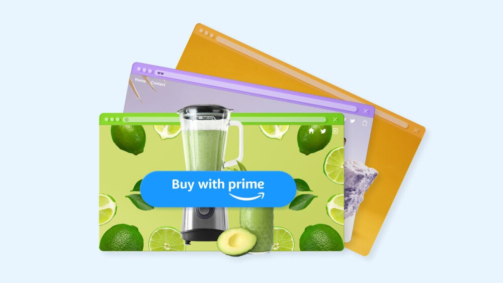 Three screens featuring a blender and the Buy with Prime logo.