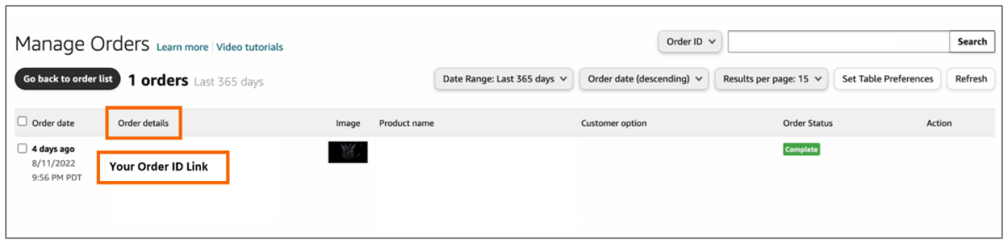 In the Order details column, choose the corresponding Order ID link.