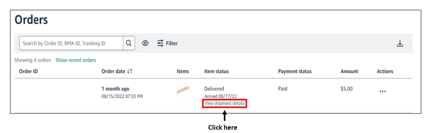 The Orders tab shows the order ID, order date, item status, payment status, and amount. You can also click View shipment details.