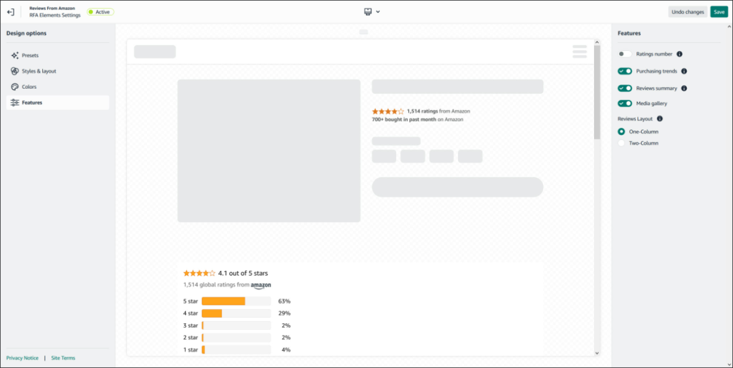 Screenshot of the Reviews from Amazon editing page with the design options on the left and the preview image in the center.
